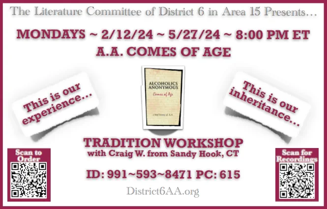 A.A. Comes of Age study dates with a link to the flyer